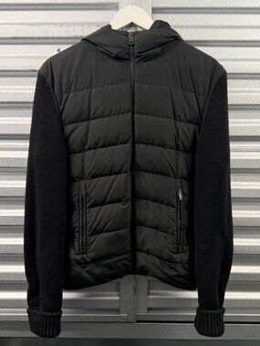 JIL SANDER AW12 Black Wool Nylon Down Puffer Hooded Jacket Mixed Panel Sz IT 48